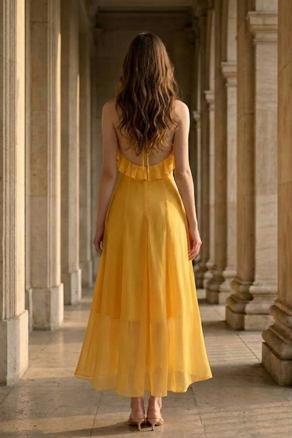Yellow A Line Halter Cut Out Long Prom Dress with Ruffles
