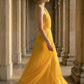 Yellow A Line Halter Cut Out Long Prom Dress with Ruffles
