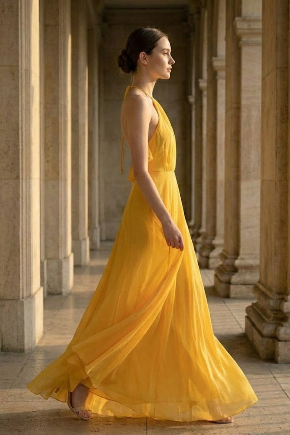 Yellow A Line Halter Cut Out Long Prom Dress with Ruffles