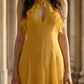 Yellow A Line Halter Cut Out Long Prom Dress with Ruffles