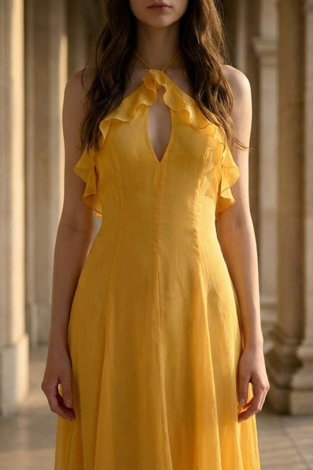 Yellow A Line Halter Cut Out Long Prom Dress with Ruffles