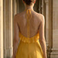 Yellow A Line Halter Cut Out Long Prom Dress with Ruffles