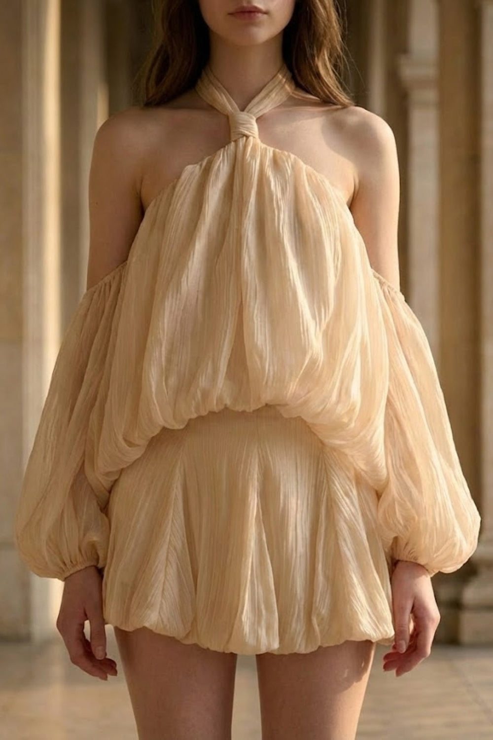 Apricot A Line Halter Short Homecoming Dress with Ruffles