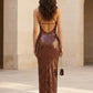 Sparkly Brown Sheath Halter Long Evening Dress