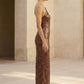 Sparkly Brown Sheath Halter Long Evening Dress