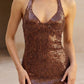Sparkly Brown Sheath Halter Long Evening Dress