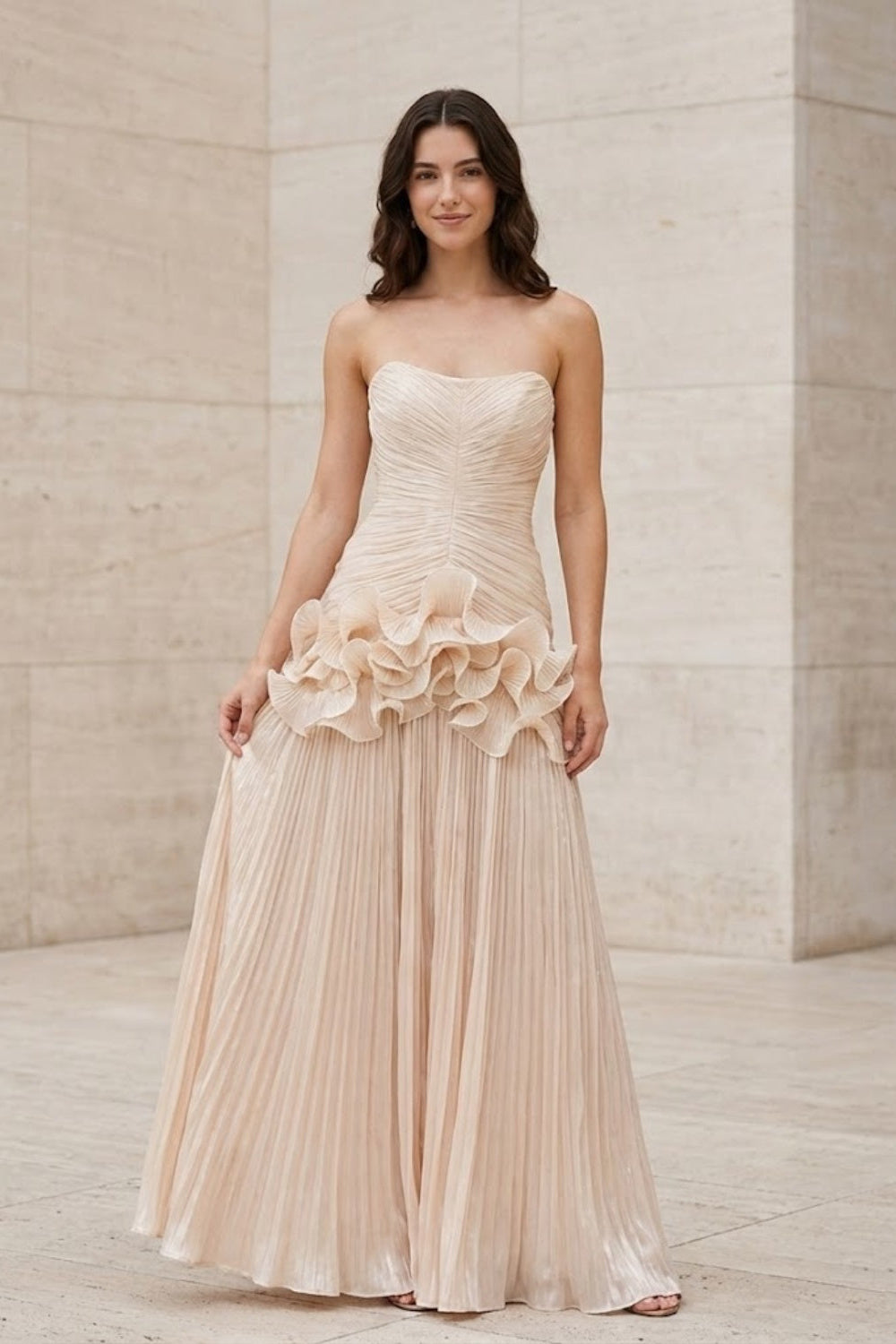 Ivory A Line Strapless Long Prom Dress with 3D Flowers