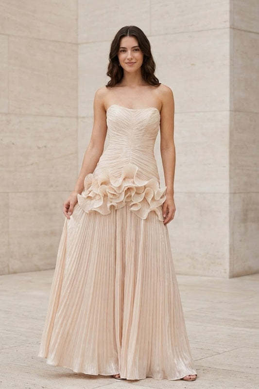 Ivory A Line Strapless Long Prom Dress with 3D Flowers