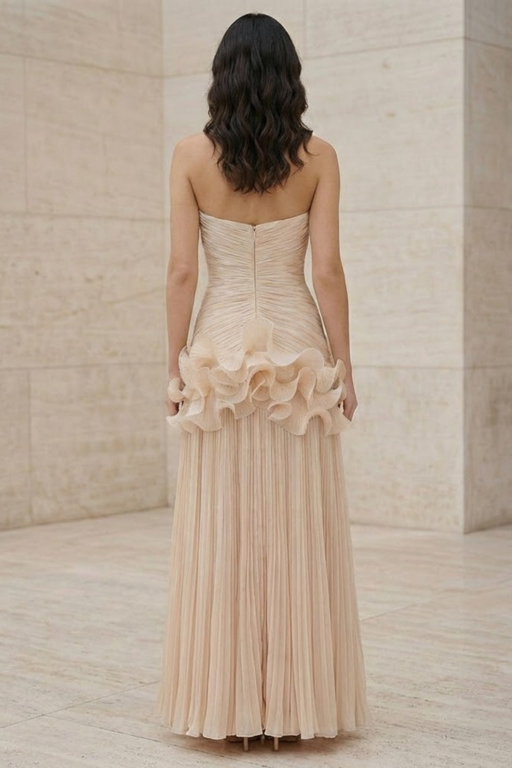 Ivory A Line Strapless Long Prom Dress with 3D Flowers