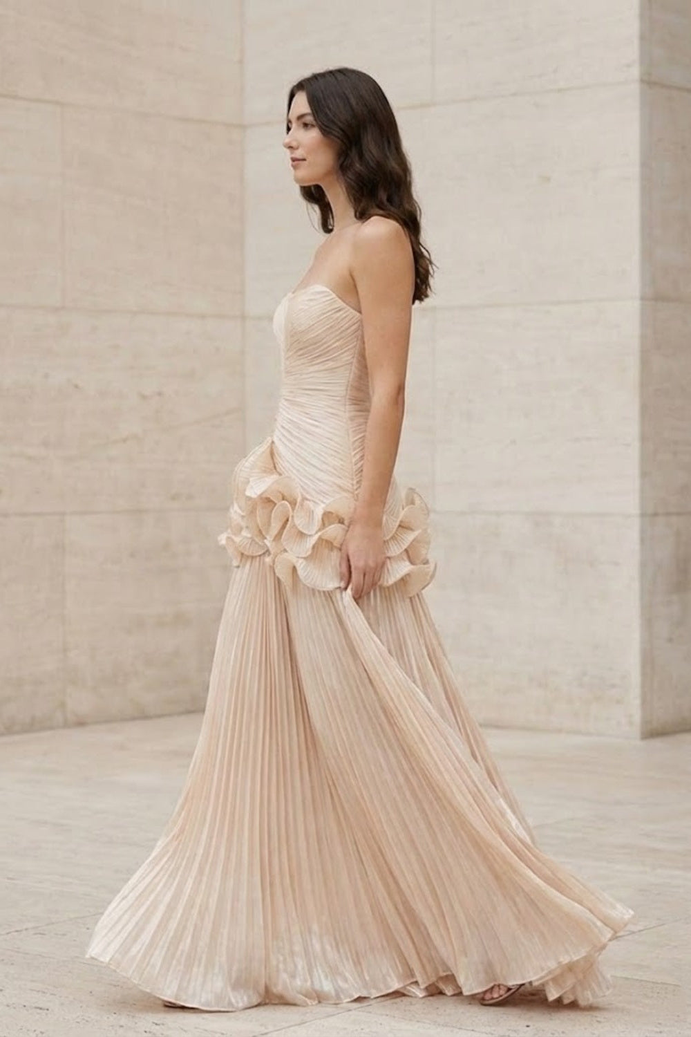 Ivory A Line Strapless Long Prom Dress with 3D Flowers