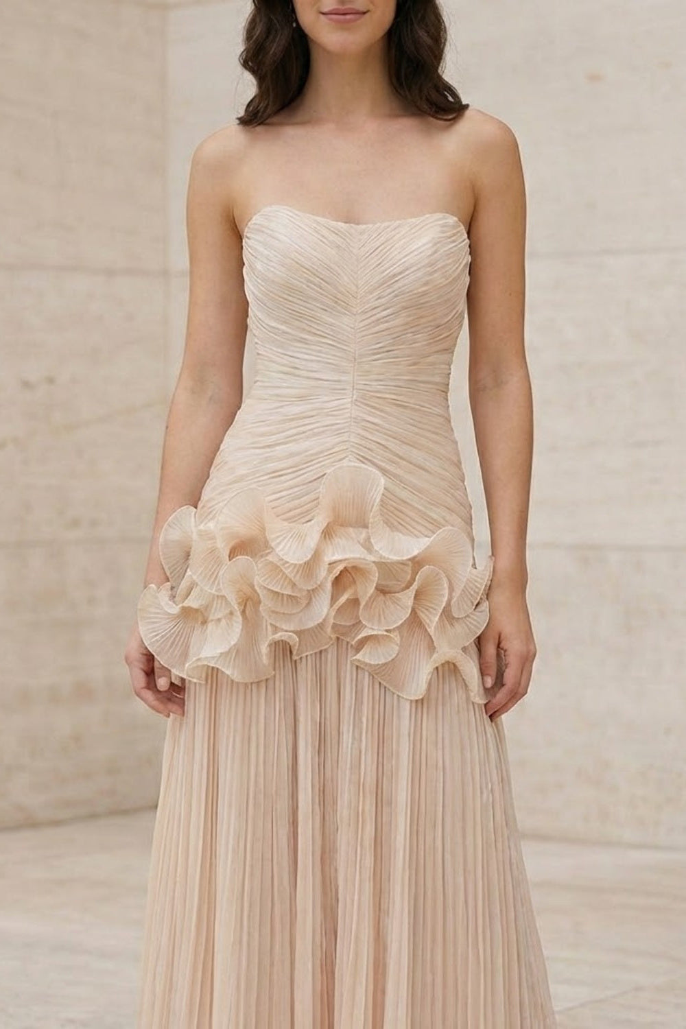Ivory A Line Strapless Long Prom Dress with 3D Flowers