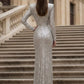 Sparkly Silver Sheath V-Neck Long Evening Dress with Slit