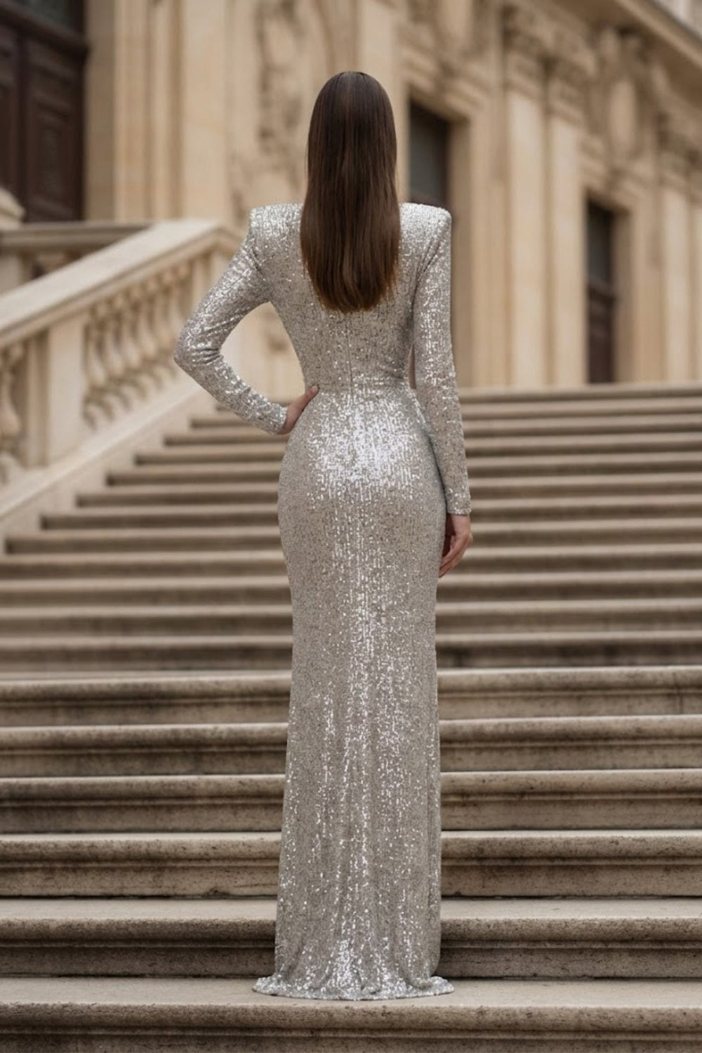 Sparkly Silver Sheath V-Neck Long Evening Dress with Slit