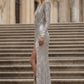 Sparkly Silver Sheath V-Neck Long Evening Dress with Slit