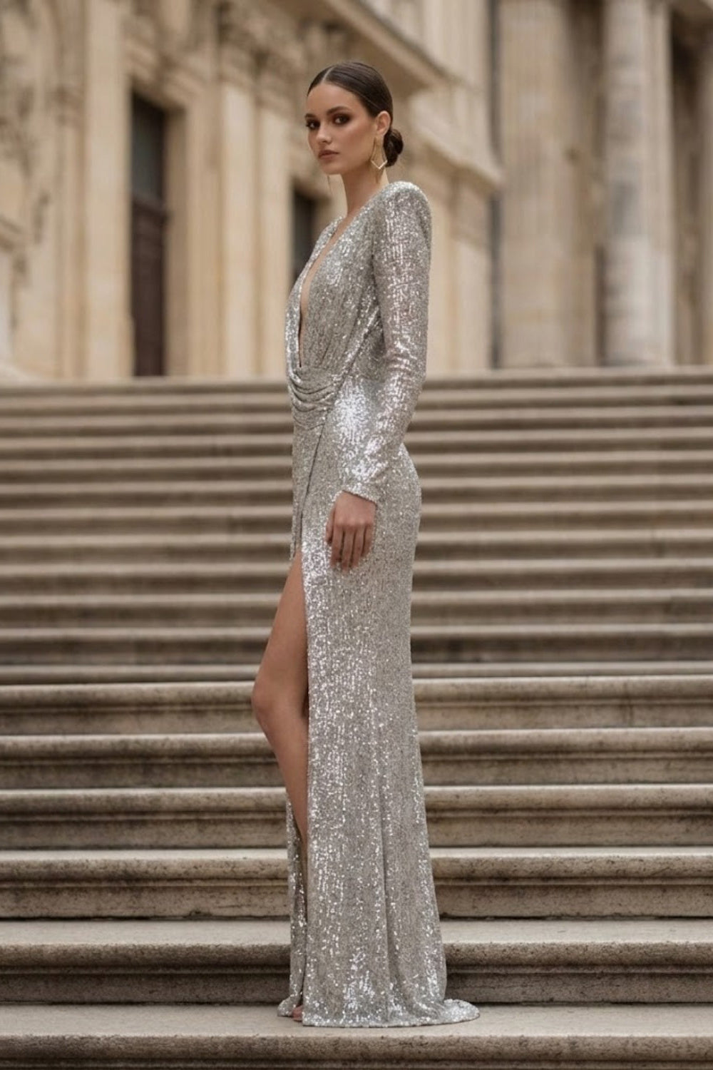 Sparkly Silver Sheath V-Neck Long Evening Dress with Slit