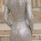 Sparkly Silver Sheath V-Neck Long Evening Dress with Slit