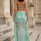 Sparkly Mint Green Sheath Halter Long Prom Dress with Ribbon