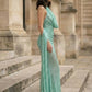 Sparkly Mint Green Sheath Halter Long Prom Dress with Ribbon