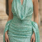 Sparkly Mint Green Sheath Halter Long Prom Dress with Ribbon