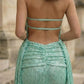 Sparkly Mint Green Sheath Halter Long Prom Dress with Ribbon