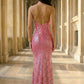 Sparkly Pink Sheath Halter Long Evening Dress