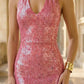 Sparkly Pink Sheath Halter Long Evening Dress