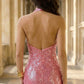 Sparkly Pink Sheath Halter Long Evening Dress