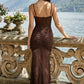 Brown Sheath Spaghetti Strap Long Prom Dress with Lace