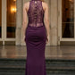 Burgundy Sheath High Neck Long Prom Dress with Lace