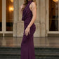 Burgundy Sheath High Neck Long Prom Dress with Lace