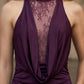Burgundy Sheath High Neck Long Prom Dress with Lace