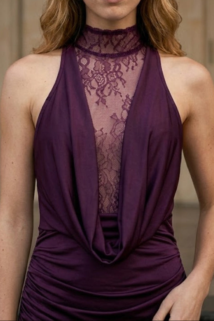Burgundy Sheath High Neck Long Prom Dress with Lace