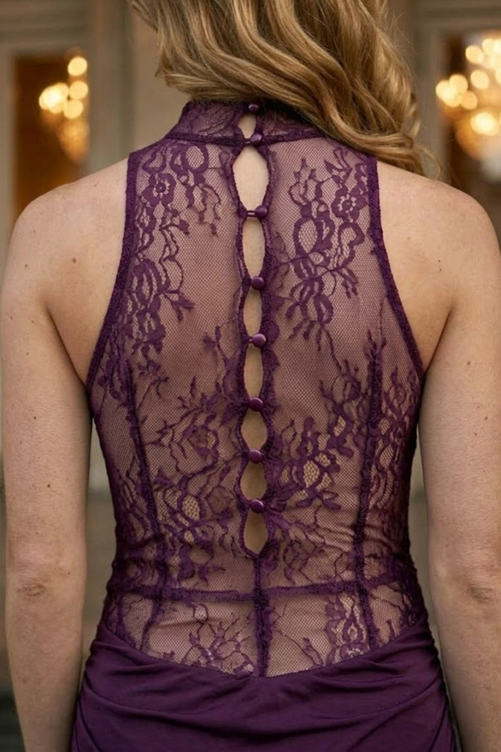 Burgundy Sheath High Neck Long Prom Dress with Lace