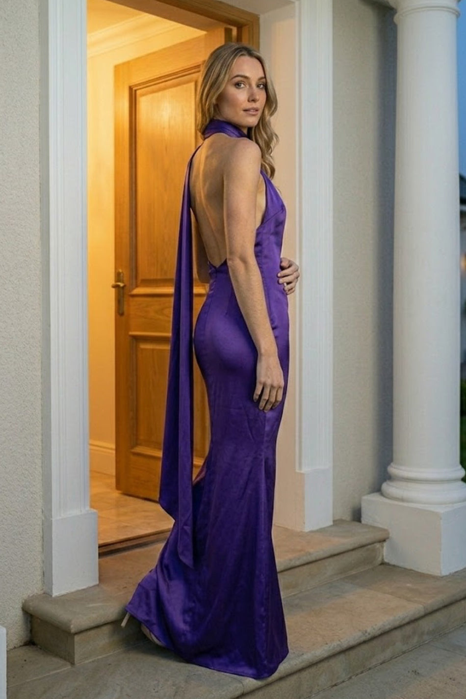 Purple Sheath One Shoulder Long Formal Dress with Side Cape