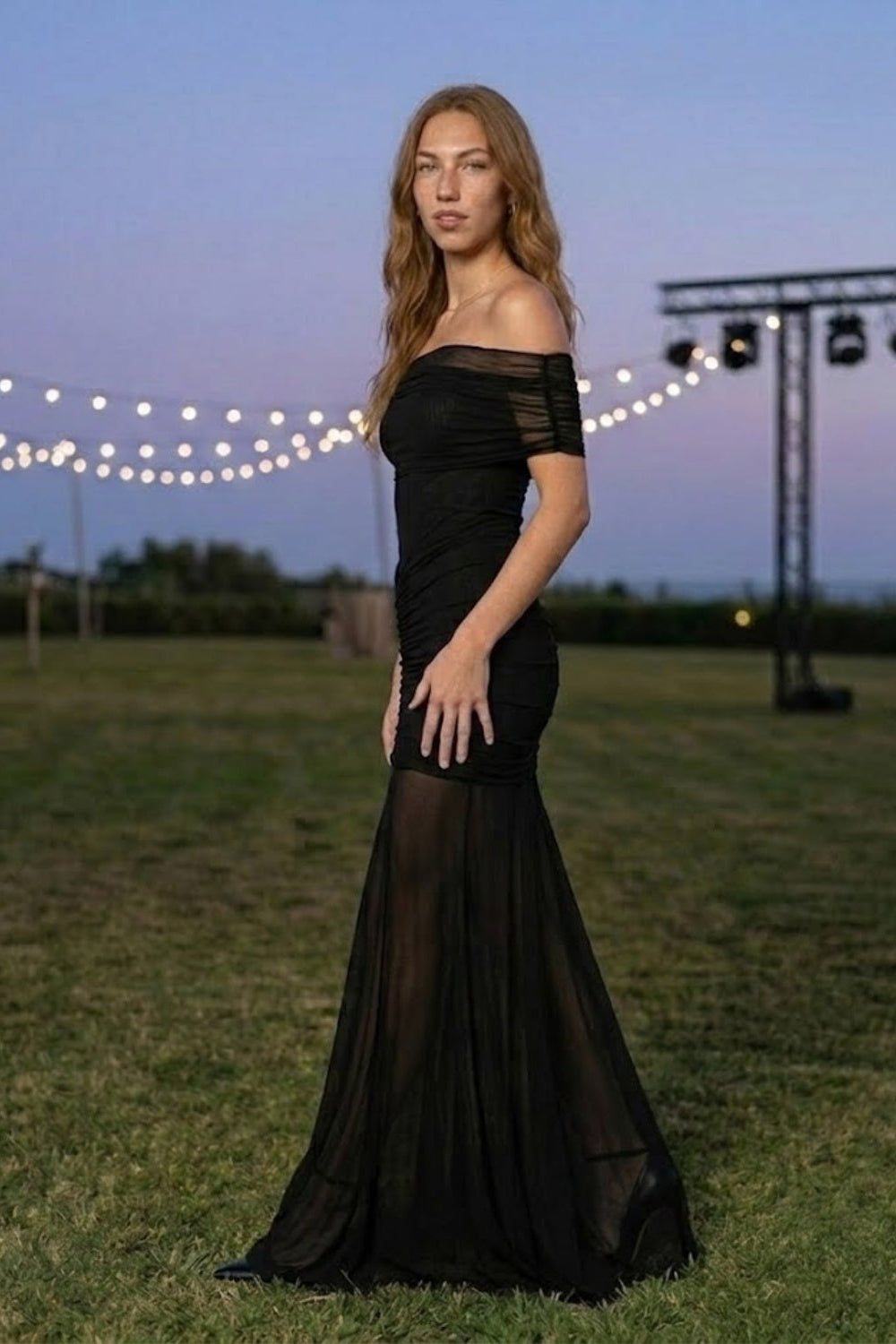 Black Sheath Off the Shoulder Long Prom Dress