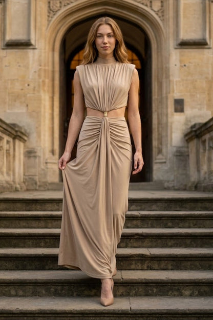 Champagne Sheath High Neck Cutout Long Formal Dress
