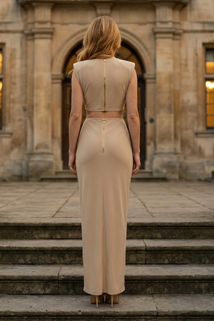 Champagne Sheath High Neck Cutout Long Formal Dress