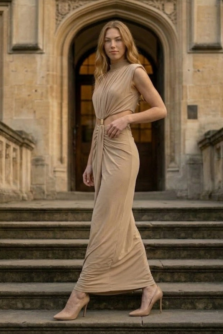 Champagne Sheath High Neck Cutout Long Formal Dress