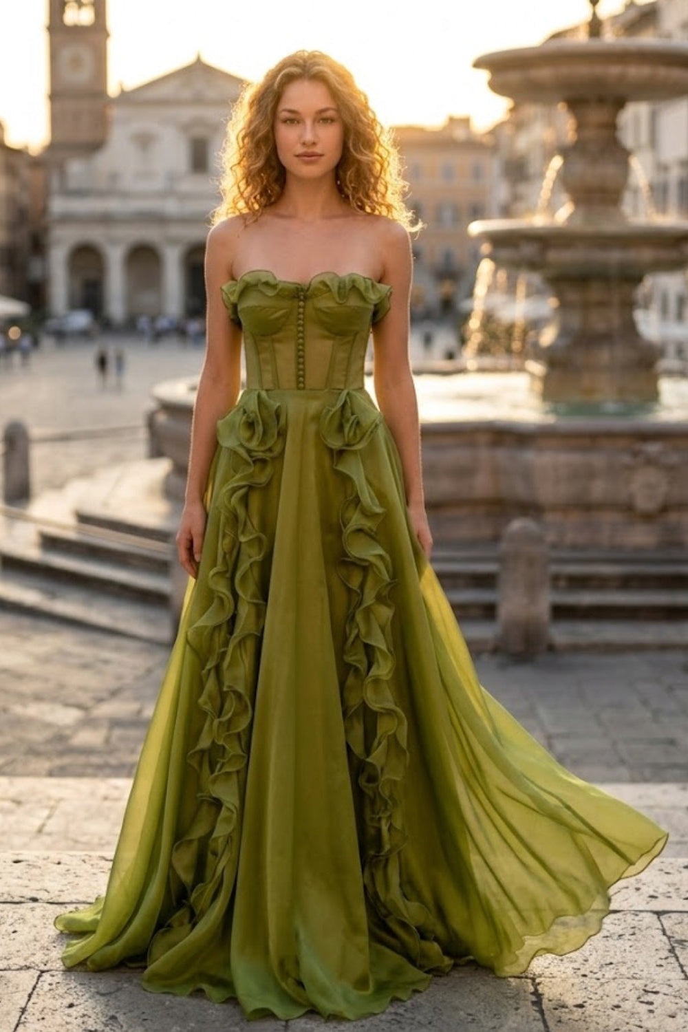 Green A Line Strapless Long Prom Dress with Ruffles