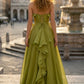 Green A Line Strapless Long Prom Dress with Ruffles