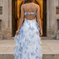 Blue Print A Line Spaghetti Straps Long Prom Dress with Slit