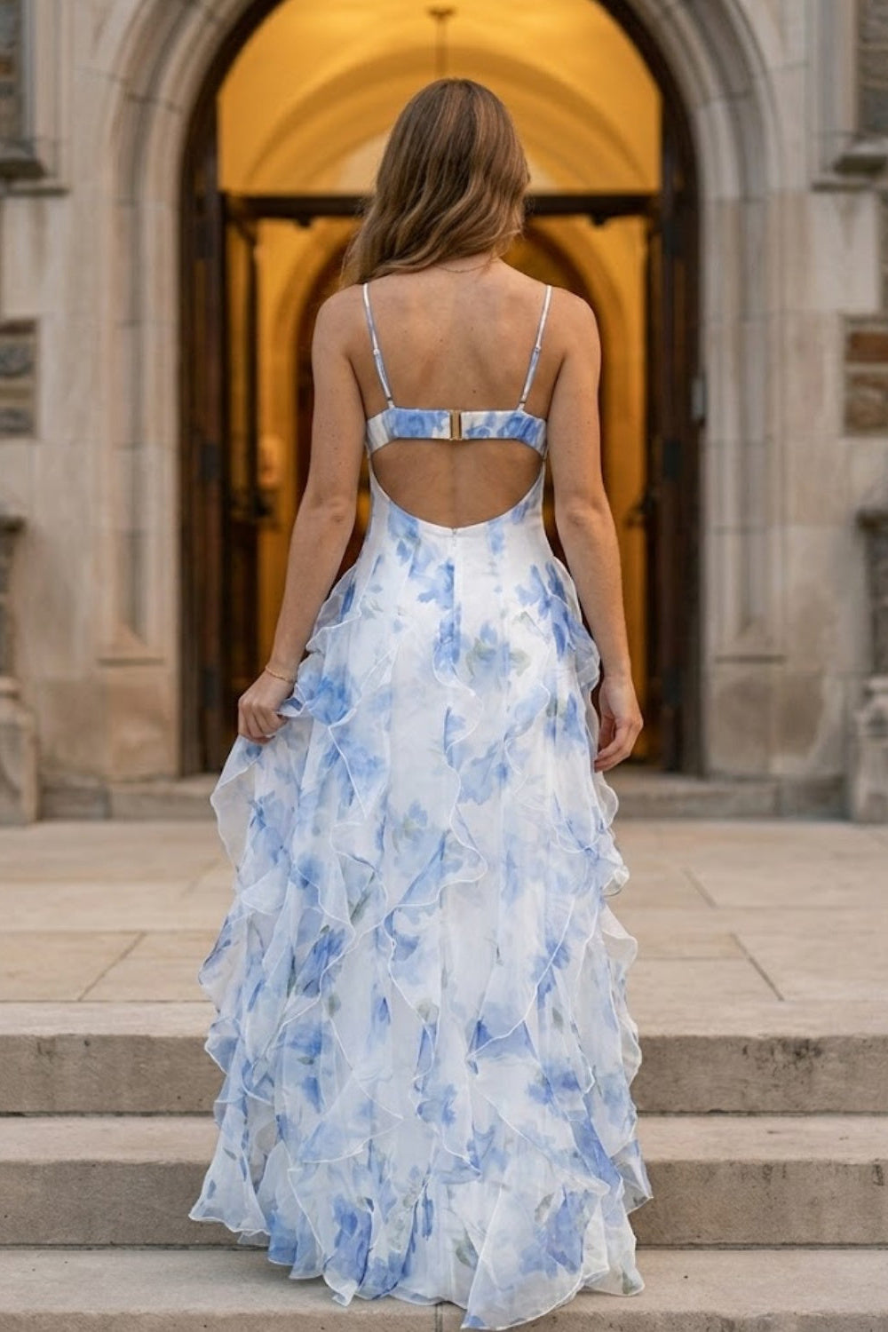 Blue Print A Line Spaghetti Straps Long Prom Dress with Slit