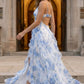 Blue Print A Line Spaghetti Straps Long Prom Dress with Slit
