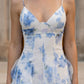 Blue Print A Line Spaghetti Straps Long Prom Dress with Slit