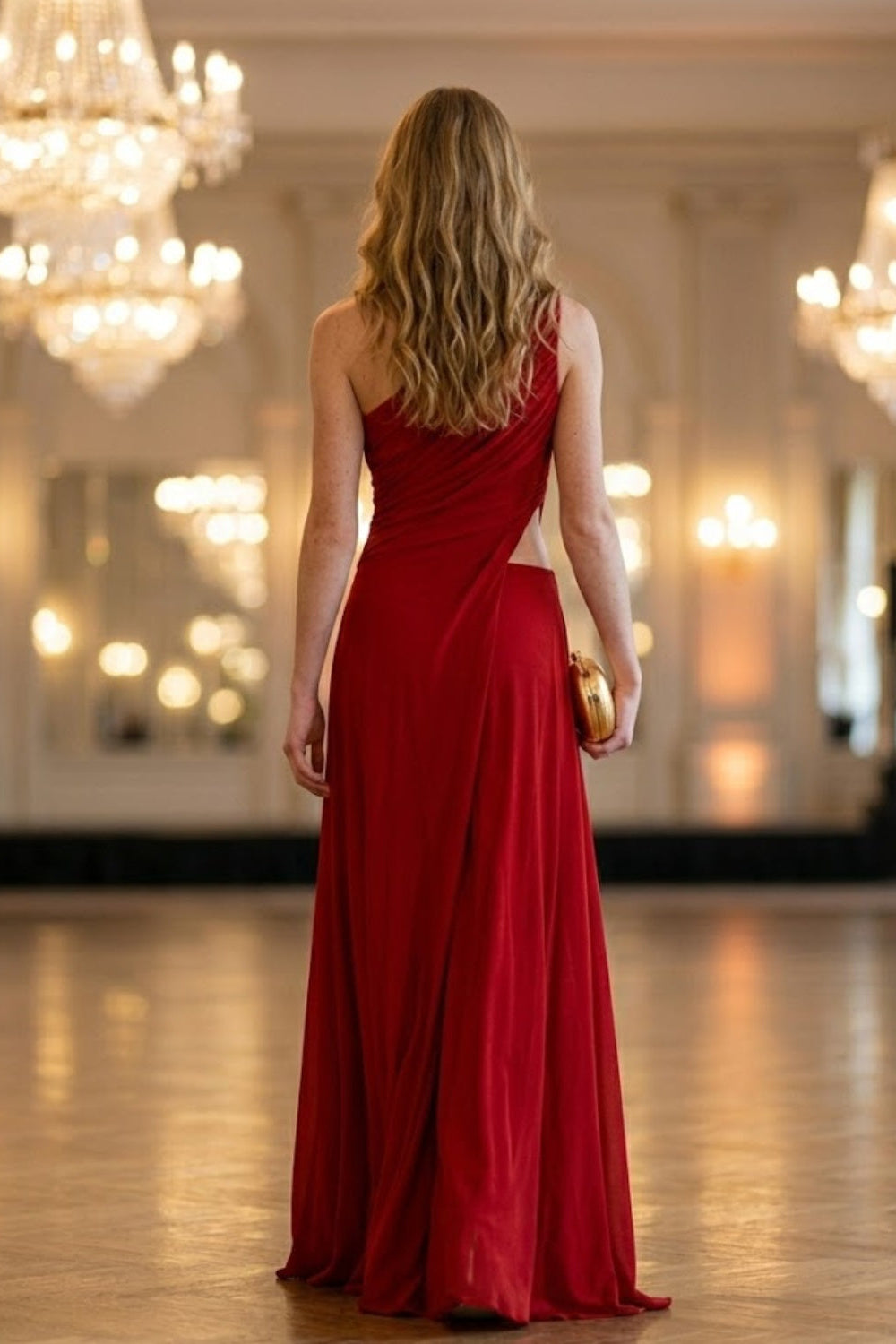 Red A Line One Shoulder Long Formal Dress with Slit