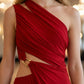 Red A Line One Shoulder Long Formal Dress with Slit