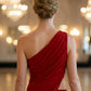 Red A Line One Shoulder Long Formal Dress with Slit