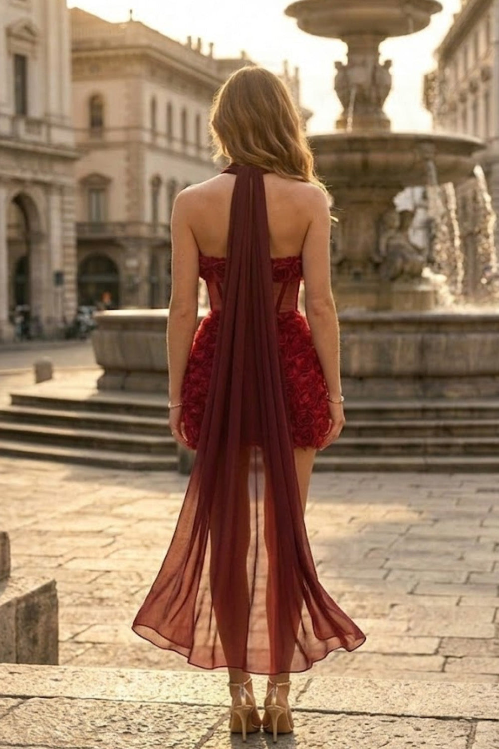 Red Bodycon Halter Short Homecoming Dress with 3D Flowers