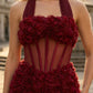 Red Bodycon Halter Short Homecoming Dress with 3D Flowers