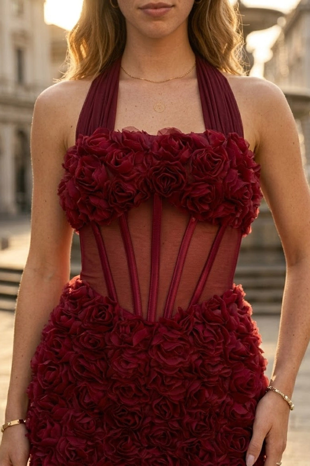 Red Bodycon Halter Short Homecoming Dress with 3D Flowers